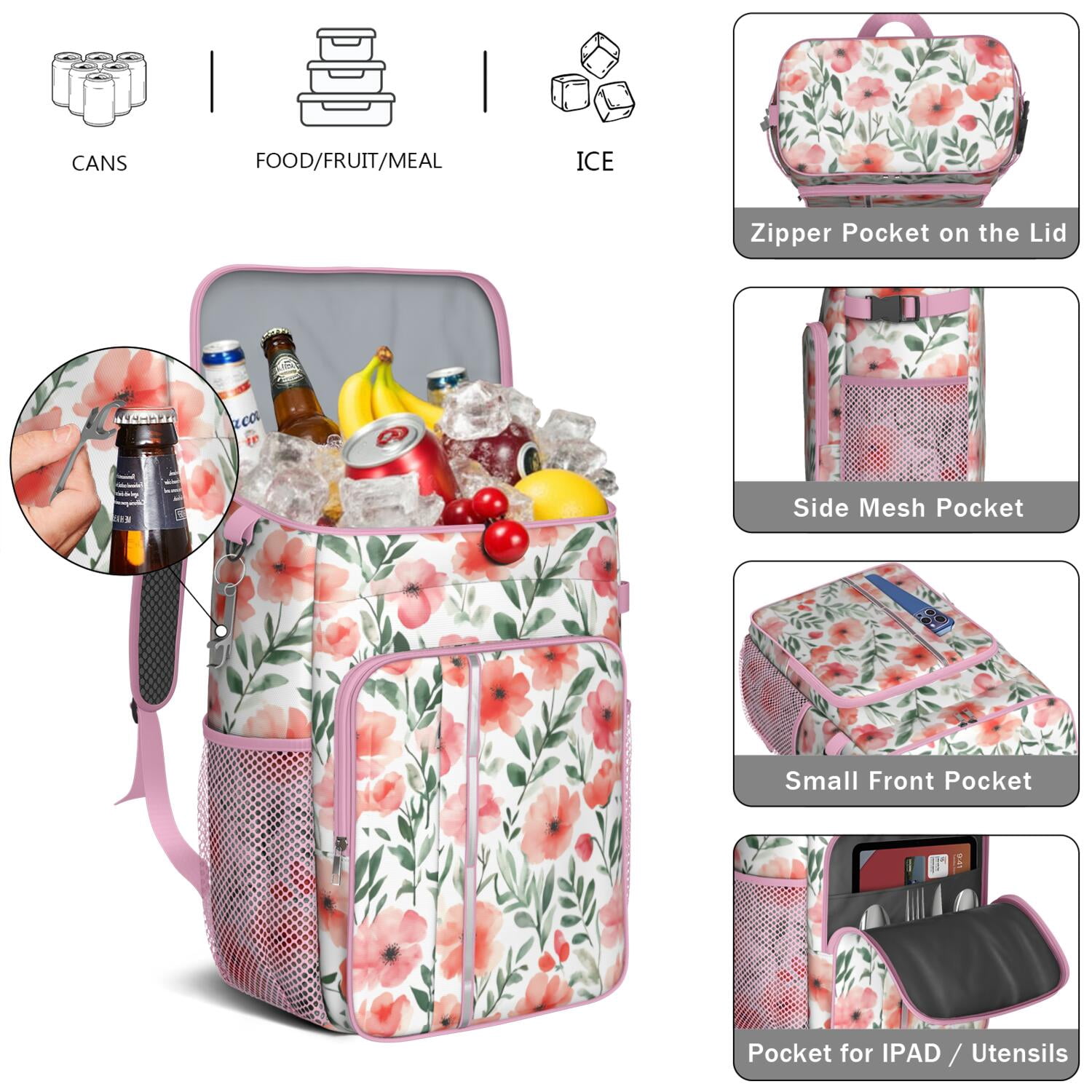 Travel Cooler Bag - Floral Pattern Camping Beer Cooler Backpack with Bottle Opener- Waterproof Insulated Picnic Backpacks - Cooler Bag for Beach