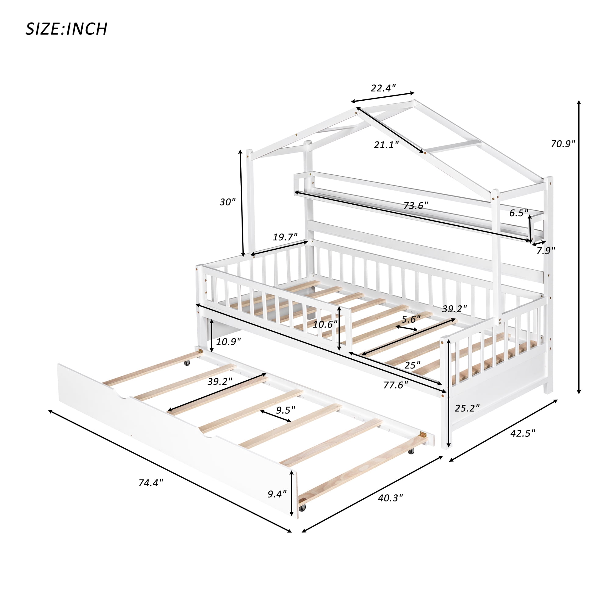 Harper & Bright Designs Twin Size House Bed with Trundle and Storage Shelves, Platform Bed with Fence Rails Wood Playhouse Tent Bed Frame for Girls Boys, White