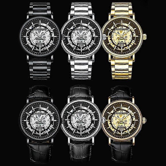 BINBOND B7872 Watches, Color: Black Leather-Full-gold-Black Black Leather-Full-gold-Black