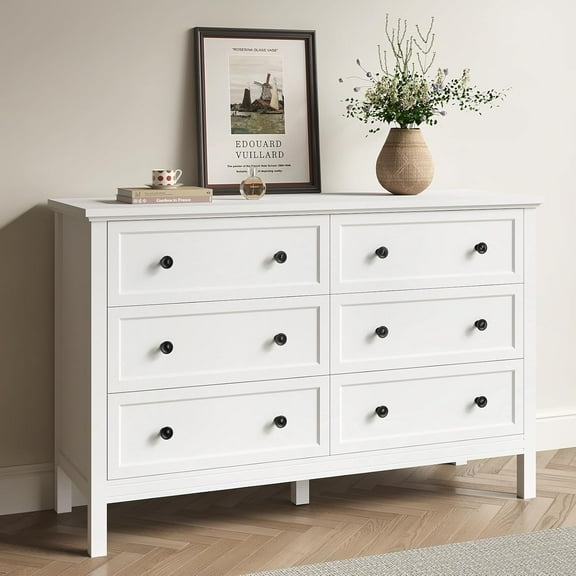 LYNSOM White Dresser for Bedroom, Modern 6 Drawer Double Dresser with Deep Drawer and Metal Handle, Wood Dressers & Chests of Drawers for Hallway, Entryway