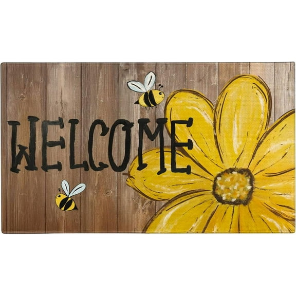Summer Door Mat,Bee Happy Sunflower Indoor Outdoor Non-Slip Doormat,Entryway Front Porch Farmhouse Summer Welcome Door Mat Colorful for Entrance Decor,30" x 17"