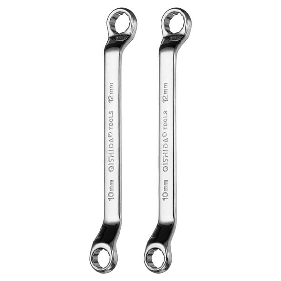 2pcs 45 Degree Offset Box End Wrench 10mm x 12mm Metric 12 Point Mirror Chrome Plated Alloy Steel Double Box Wrenches Long Industrial Grade Torx Box Wrench Repair Tool