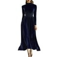 thumbnail image 2 of YueHuiYing Women's Solid Color Elegant Round Neck Full-Skirted Long Dress with Belt Long Sleeve Round Neck Dress, 2 of 6