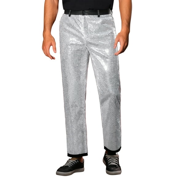 INSPIRE CHIC Men's Pants Metallic Sequin Dress Party Style Regular Fit Trousers 28 Silver