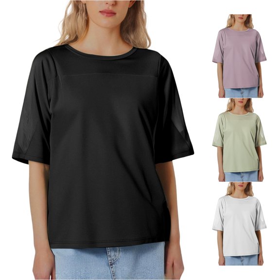 WEIGFI Women'S Tshirts Loose Fit Workout Tops Yoga Running Crew Neck Short Sleeve Lightweight Clothes Solid Color Trendy Cozy Beach Everyday Wear,Black,L