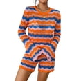 thumbnail image 1 of FOCUSNORM Ensemble de Vêtements pour Femmes 2 Pcs Shorts d'Automne Rayures Patchwork Col Rond Manches Longues Pull Hauts Tricotés Shorts, 1 of 8