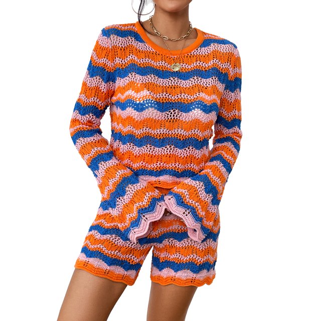 FOCUSNORM Ensemble de Vêtements pour Femmes 2 Pcs Shorts d'Automne Rayures Patchwork Col Rond Manches Longues Pull Hauts Tricotés Shorts