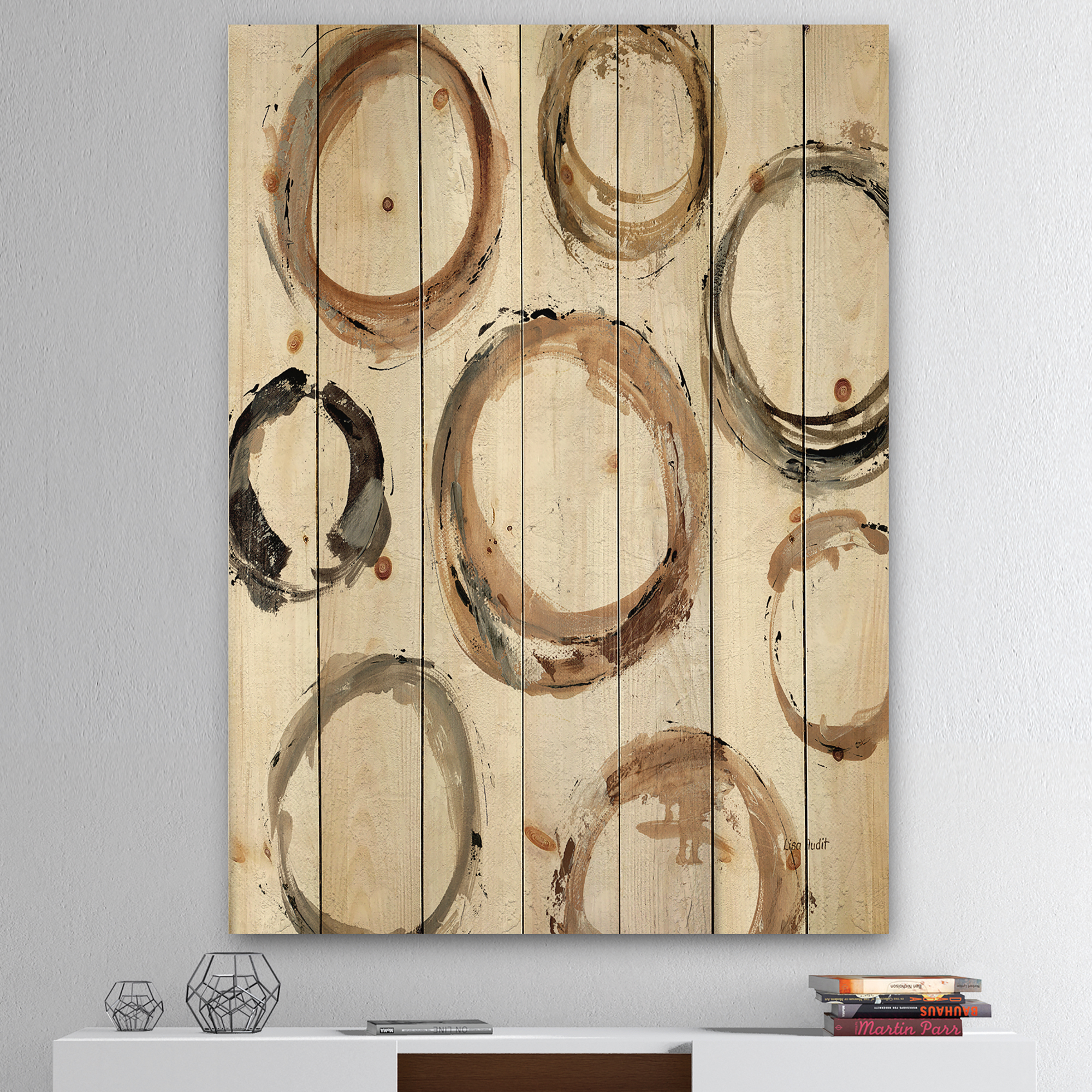 Designart 'Circle Geometric Natural Balance I' Mid-Century Modern Transitional Print on Natural Pine Wood