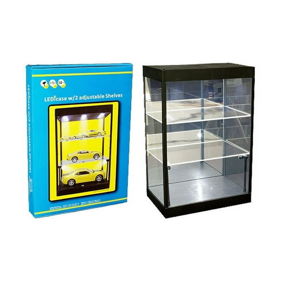 Display Showcase Desktop 3-Tier w/Two Adjustable Shelves & LED Lights Black for 1/18 1/24 1/32 1/43 1/64 Scale Models