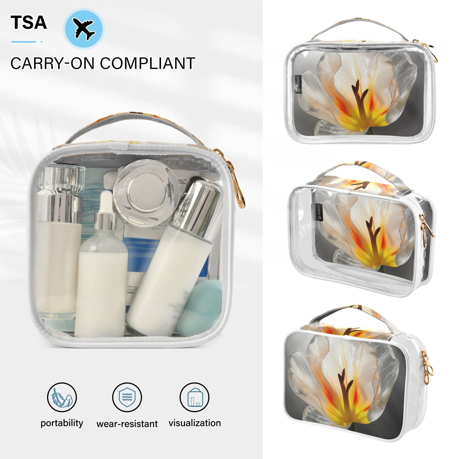 Clear Makeup Bags with Handle Large Opening 2 Pack Set Toiletry Bag Quart Size Bag, for Women Man Traveling Travel Essentials, Toiletries and Other. Transparent Tulipa Pure