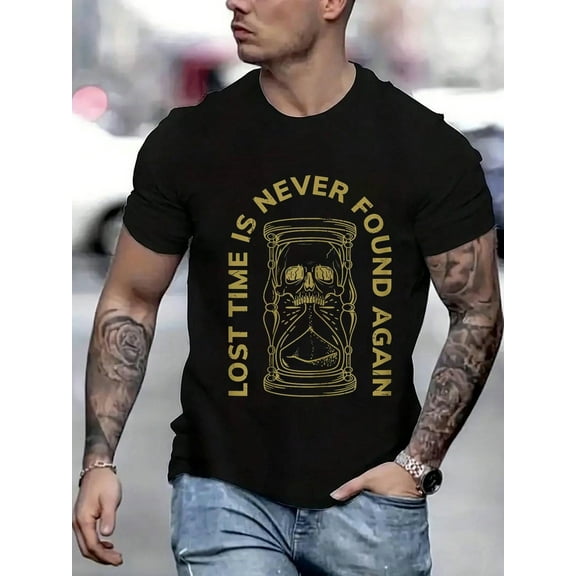 100 Cotton Graphic Tees Lost Time Is Never Found Again Funny Skull T-Shirt Crew Neck Short Sleeve T-Shirt, Casual Print Graphic Cotton Tees Men Tops