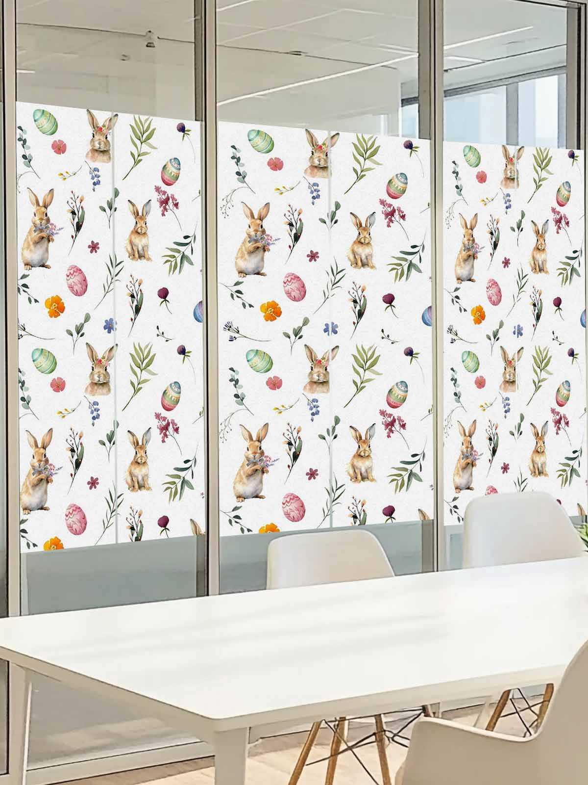 Easter Rabbits Window Privacy Film, Colorful Eggs Leaf Floral Spring Frosted Glass Window Clings Static Cling UV Heat Blocking Reusable Door Sticker for Bathroom 23.6 x 59 Inch