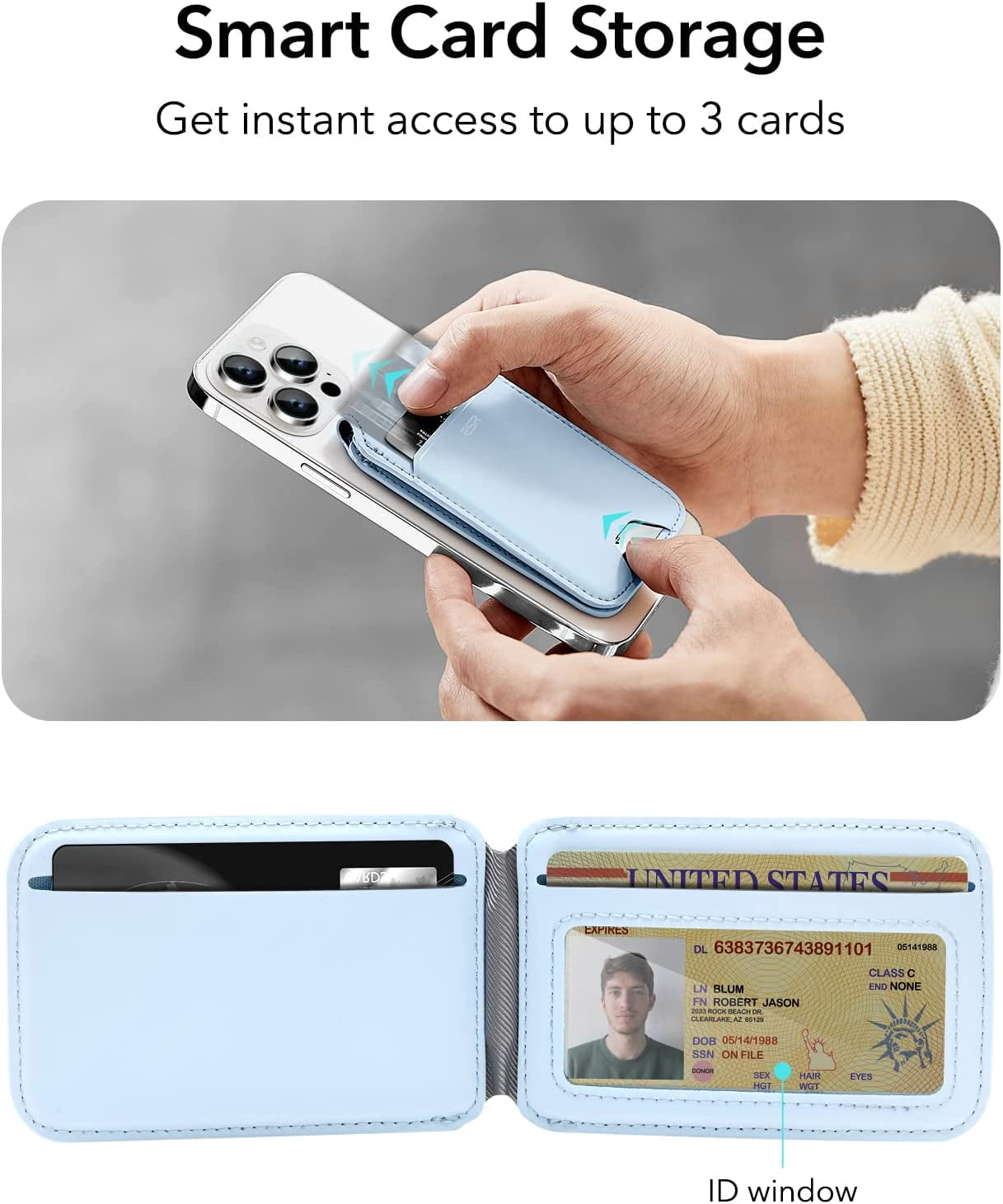 MHAWBL-Magnetic Wallet, Compatible with MagSafe Wallet with Adjustable Stand, for iPhone 17e/17/16/15/14/13/12 Series, Not for iPhone 13/12 mini, 3 Card Holder, Vegan Leather, Blue