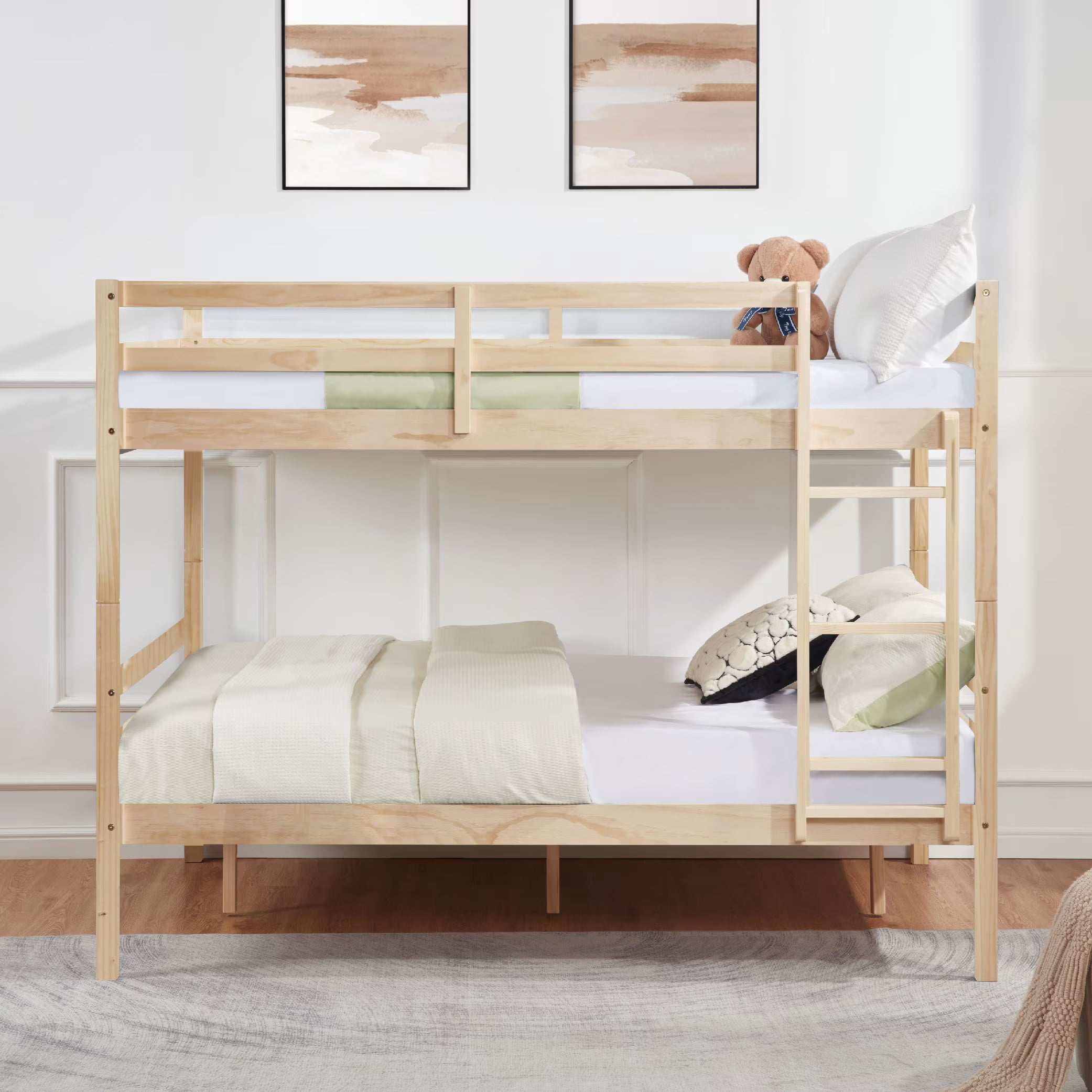 Full Over Full Bunk Bed, Solid Wood Bunk Bed Frame with High Guardrails and Ladder, Heavy Duty Wooden Slats, No Box Spring Needed for Kids, Teens, Guest Room, Natural