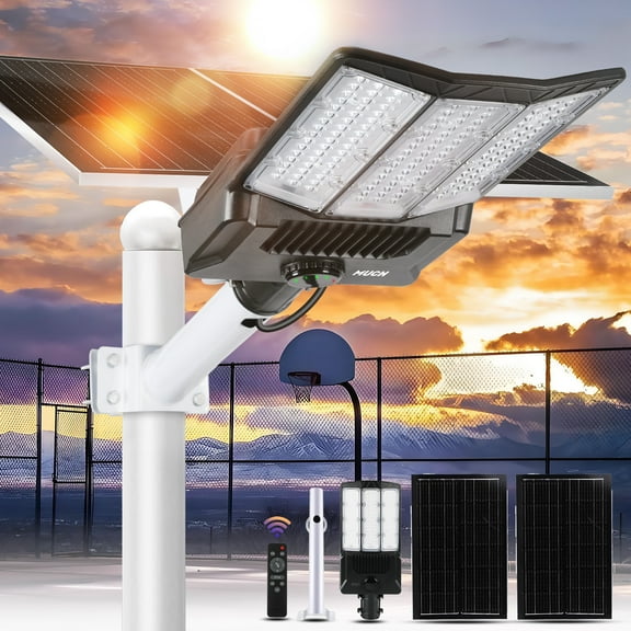 MUCH 16000W Solar Street Light, Commercial Grade Solar Street Lights, 50000mAh Outdoor, Dusk to Dawn, IP67 with Motion Sensor & Remote Control, Solar Flood Light for Parking Lot, Yard, Country, Road