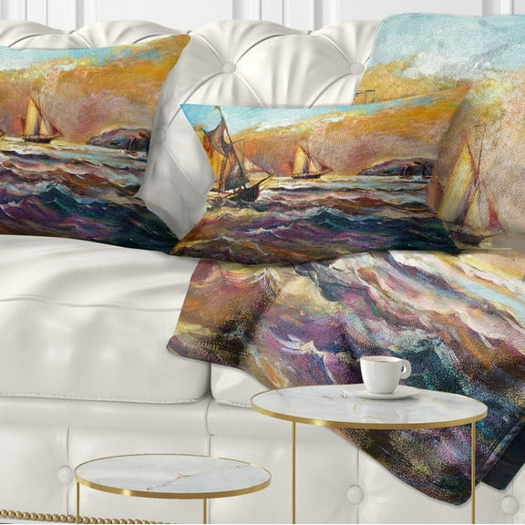 Designart Boats in Roaring Sea - Seascape Throw Pillow - 12x20