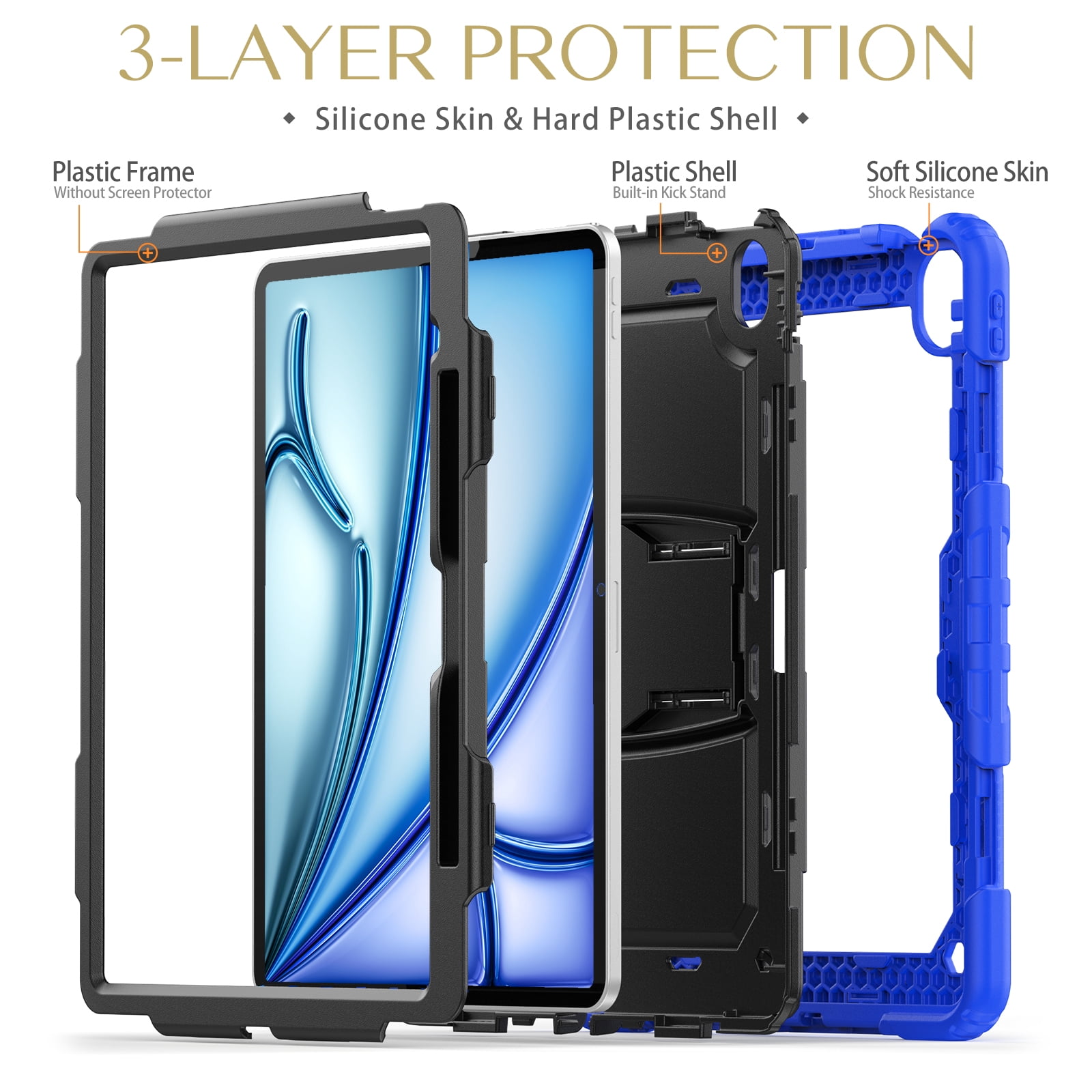 Rugged Case For Apple iPad Air 13 (2024) – 3-Layer Protection Shockproof Stand Cover with Screen Protector, Adjustable Stand, Shoulder Strap, & Pencil Holder -- Darkblue