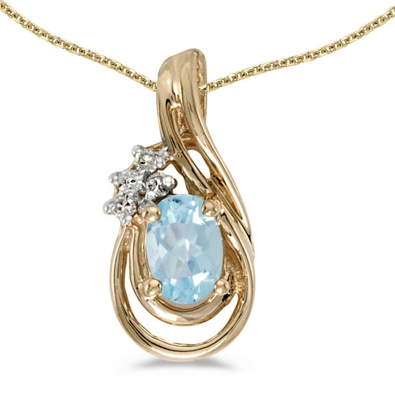 10k Yellow Gold Oval Aquamarine And Diamond Teardrop Pendant with 18" Chain