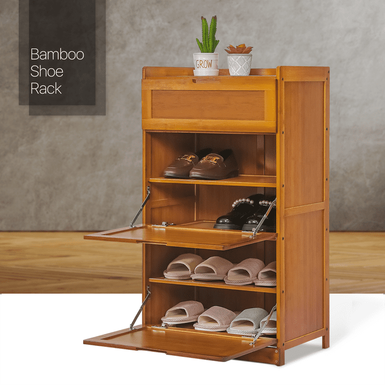 18.9 in. H 15-Pair 4-Tier Brown Wood Shoe Rack