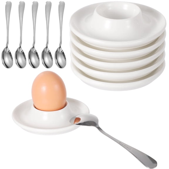 6-Pack Ceramic Egg Cups with Spoons, Stainless Steel Egg Holders for Soft and Hard Boiled Eggs, Dishwasher Safe Stackable Breakfast Tableware Set, Kitchen Gift Idea