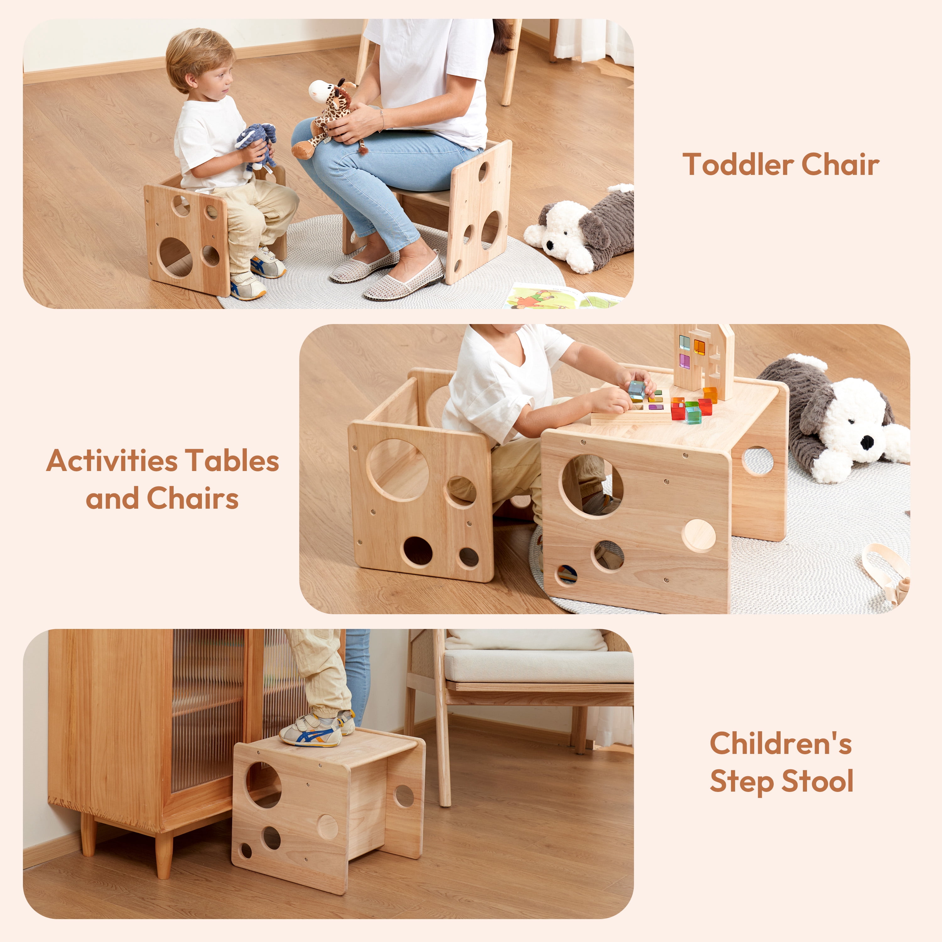 Woodtoe Kids Table and Chair Set, Montessori Weaning Table and Chair Set for Toddler, Natural Solid Wooden Activity Table Cube Chair for Drawing Reading, Montessori Playroom Furniture for Children