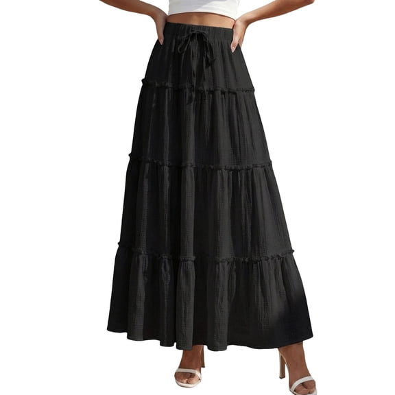 xlkjya  Womens Boho Maxi Skirt Flowy Ruffle Tiered Elastic High Waisted A Line 2026 Spring Summer Beach Vacation Long Skirts
