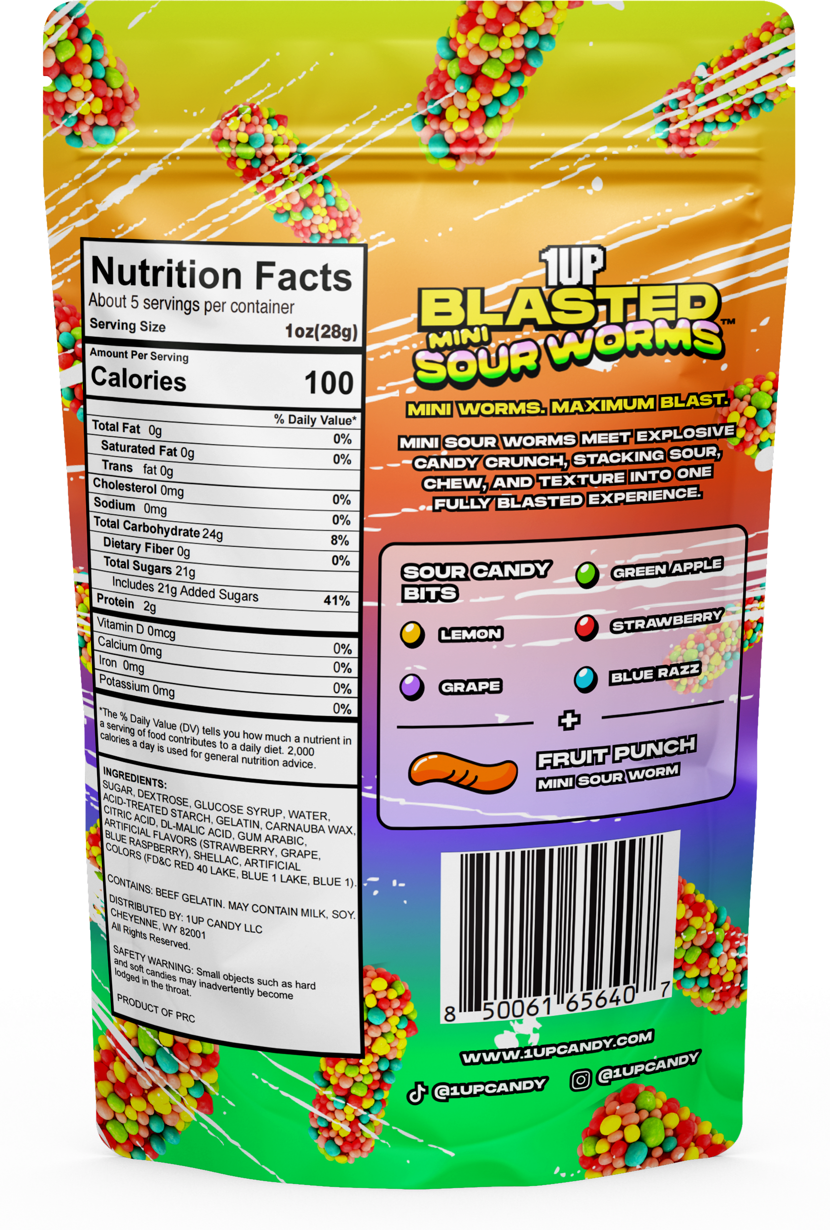 1UP Worms Blasted Sour Rainbow Candy, 8 Count Peg Bag, 5.0 Oz