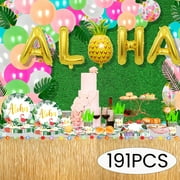 Luau Party Supplies Hawaiian Tropical Paper Plates Aloha Hawaiian Balloons Table Skirt for Beach Birthday Party Favors Set 16 Guest 191PCS Pattern2