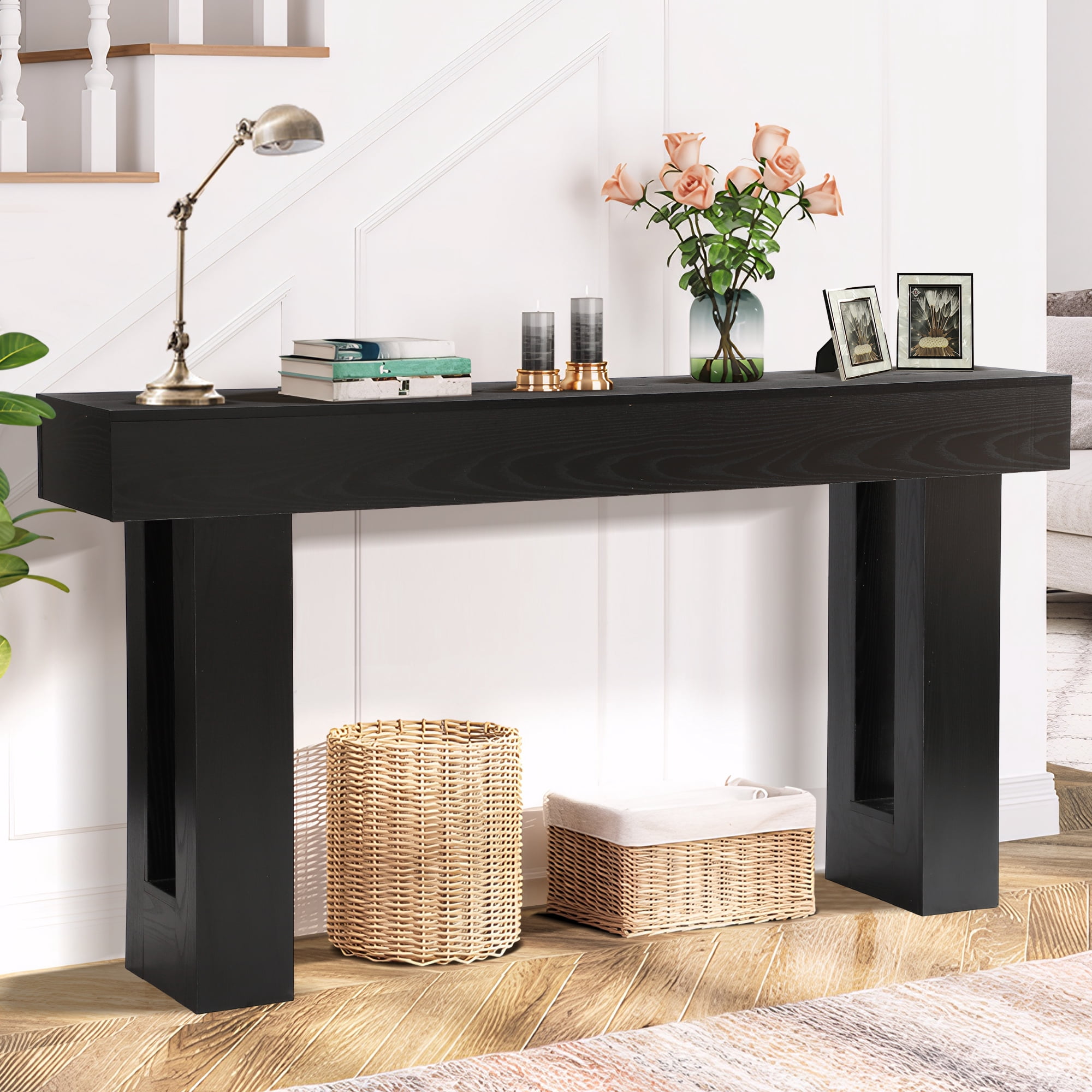 Magic Union 63" Long Console Table for Entryway, Wood Rectangular Sofa Table Behind Couch with 2-tier Open Storage and Weighted Base, Foyer Accent Tables for Entryway, Hallway, Living Room