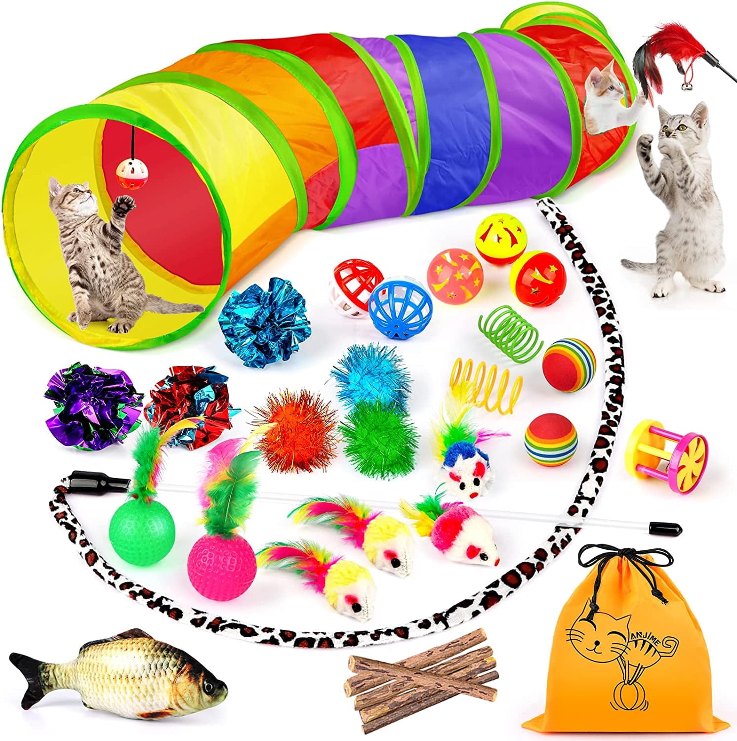 Taimasi 32-Piece Cat Toy Set with Rainbow Tunnel