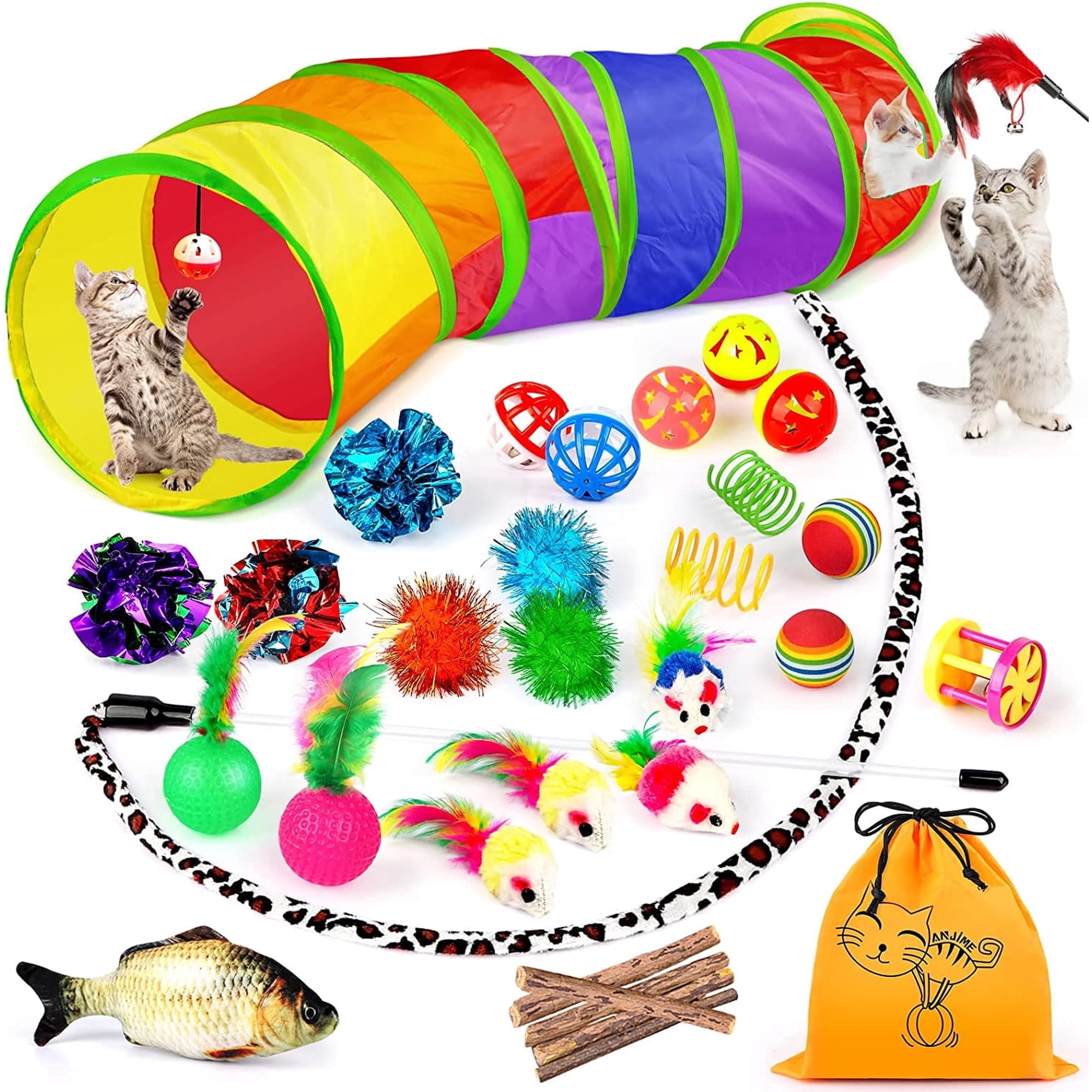 32 PCS Cat Toys Kitten Toys, Variety Catnip Toys with Rainbow Tunnel Interactive Cat Feather Teaser Spring Toy Set for Cat, Kitty