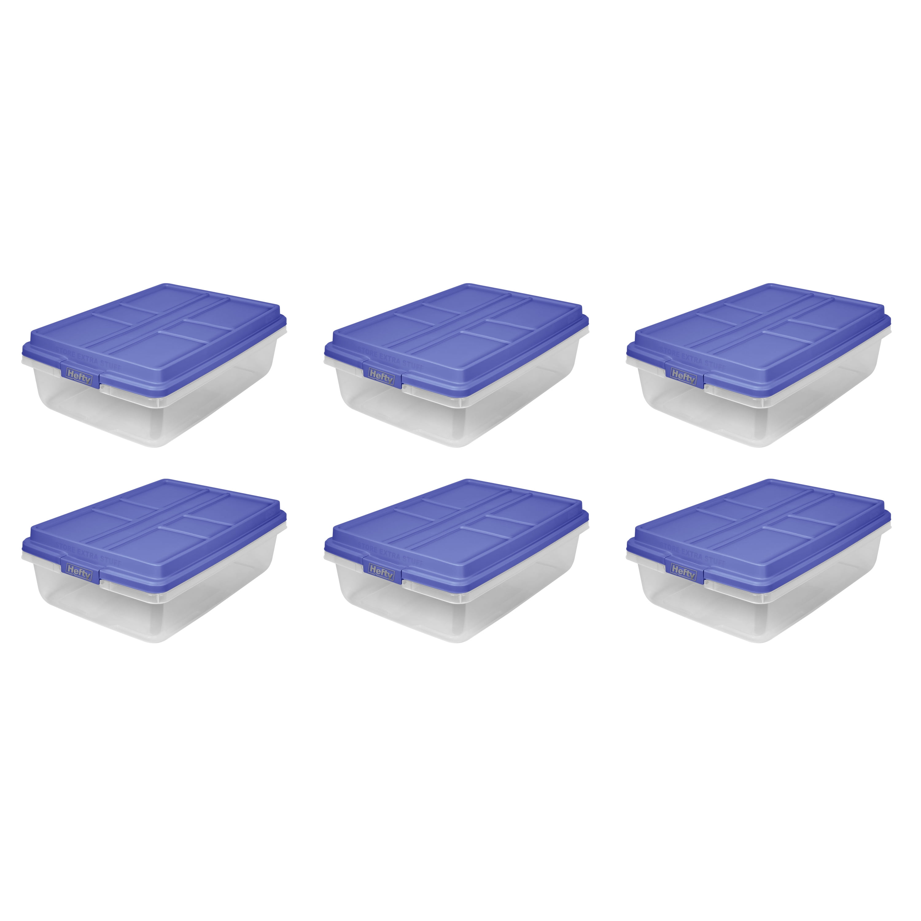 Hefty 40 Qt. Clear Plastic Storage Bin with Blue HIRise Lid, 6 Pack