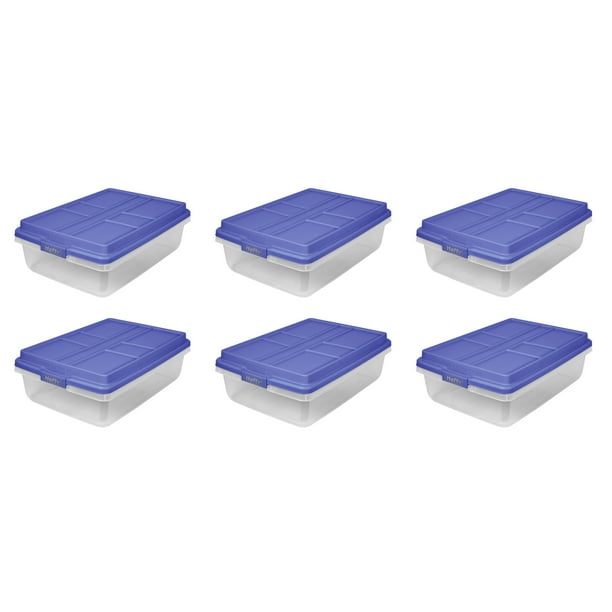 Hefty 40 Qt. Clear Plastic Storage Bin with Blue HIRise Lid, 6 Pack