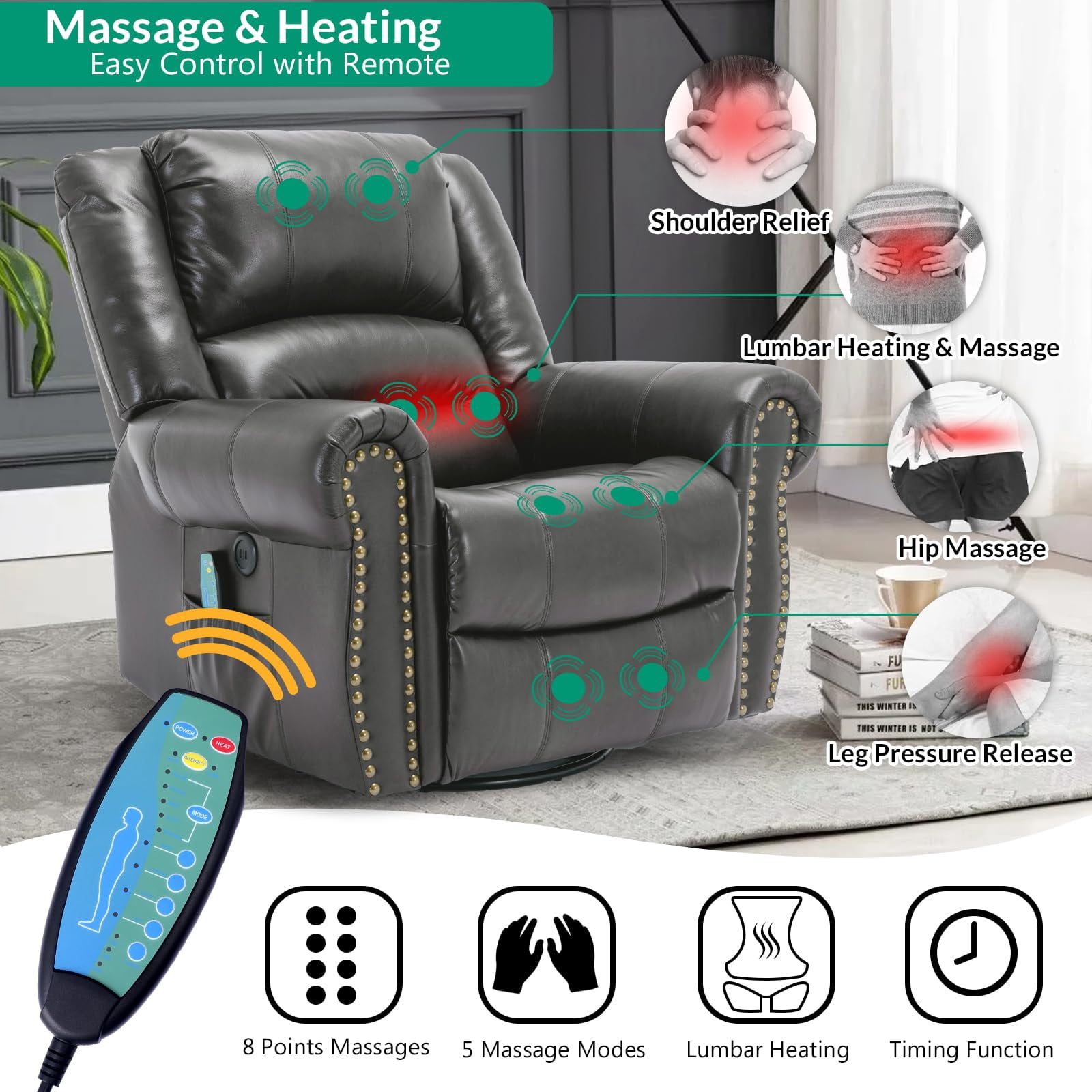 VIVIJASON Massage Swivel Rocker Recliner Chair with Heat & Vibration, 360° Swivel Manual Glider Rocking Reclining Chair with 2 Remote Controls, Side Pockets & USB Ports for Living Room, Gray