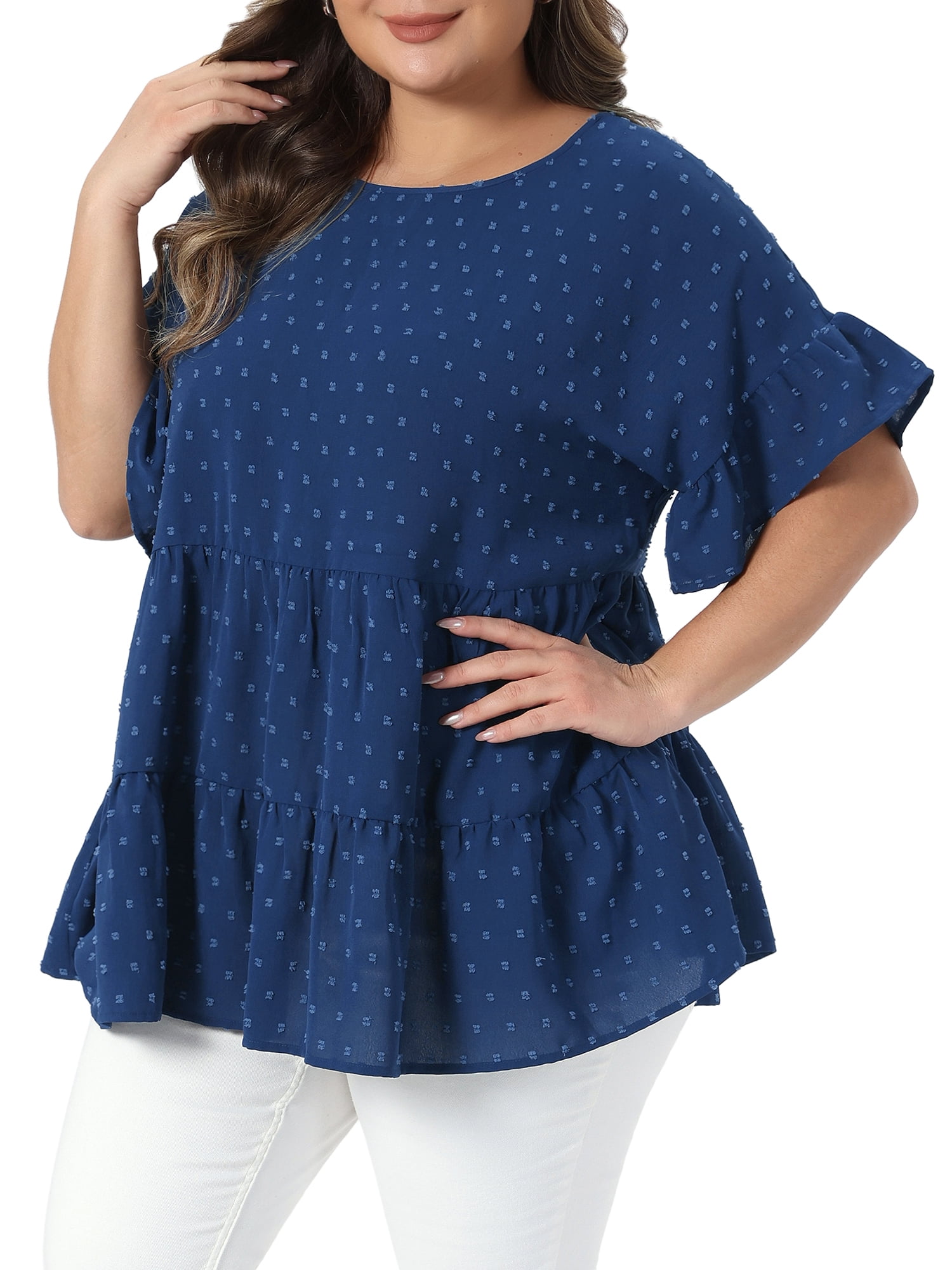 Women's Plus Summer Tops Crew Neck Ruffle Short Sleeve Tiered Swiss Dots Blouses 4X Dark Blue