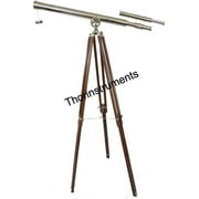 Vintage Solid Brass Marine Navy Double Barrel Telescope Brown Wooden Tripod Rustic Vintage Home Decor Gifts