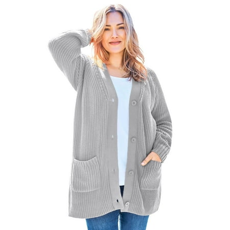 Woman Within Women's Plus Size Button-front Shaker Cardigan Color: Heather Grey Size: MEDIUM