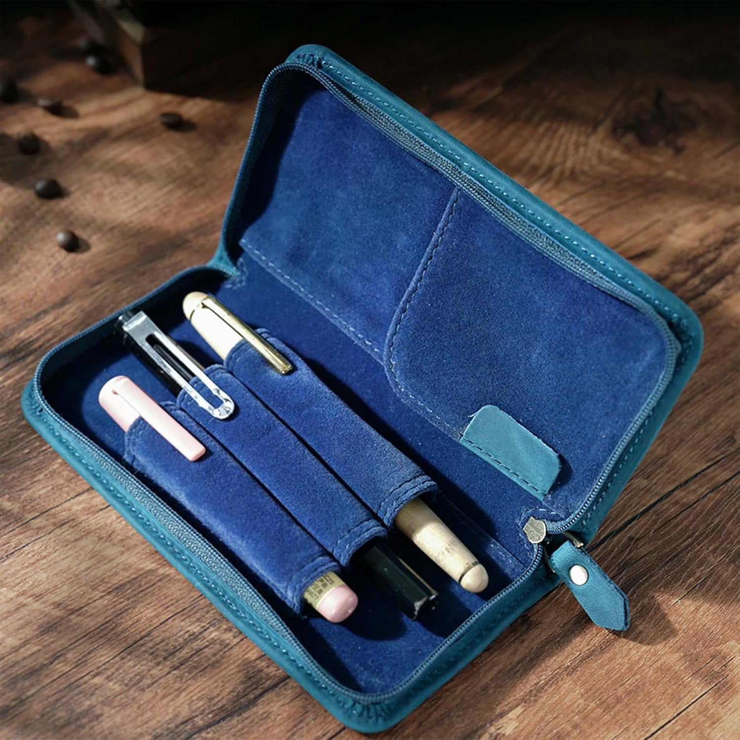 ABPETE Vintage Leather Fountain Pen Case 3 Divided Slots, Zippered Pen Case Pouch, Handmade Display Holder for Rollerball Pen (Blue)