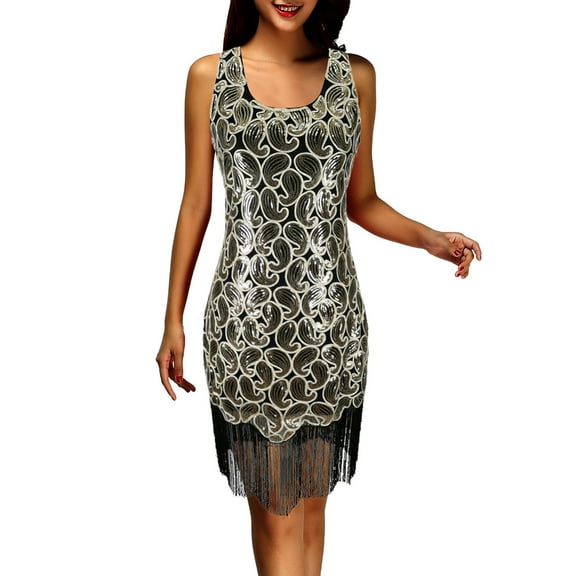 Cocktail Dresses for Women Dgankt Women's Sequin Tassel Sexy Fashion 20s Vintage Embellished Sequin Beaded Evening Dress Sleeveless Neck Dress