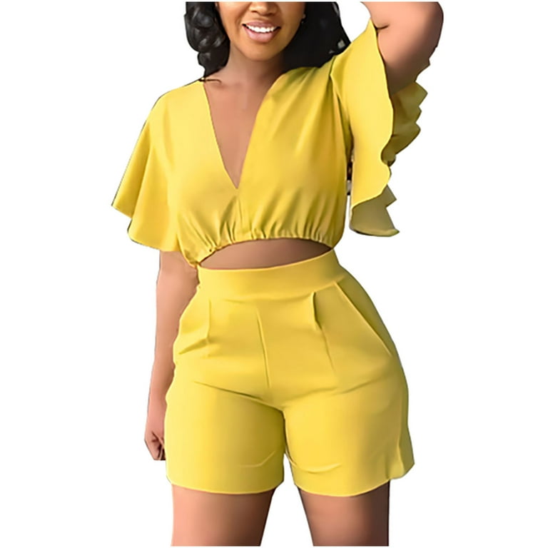Posijego Womens Summer Two Piece Sets Deep V Neck Ruffle Sleeve Crop Top  and Shorts Lounge Matching Set