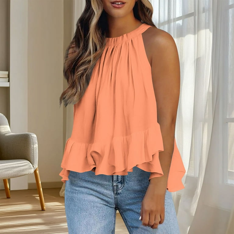 orange dress tops for women Otntypg Halter Tank Tops for Women Dressy Casual Summer Sleeveless  Adjustable Tie Neckline Ruffle Hem Beach Tunic Vest Loose Flowy Elegant  Blouse Orange M