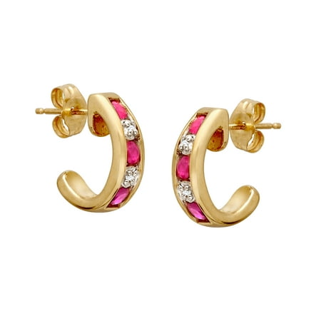 1/2 ct Natural Pink Sapphire Half-Hoop Earrings with Diamonds in 10kt Gold