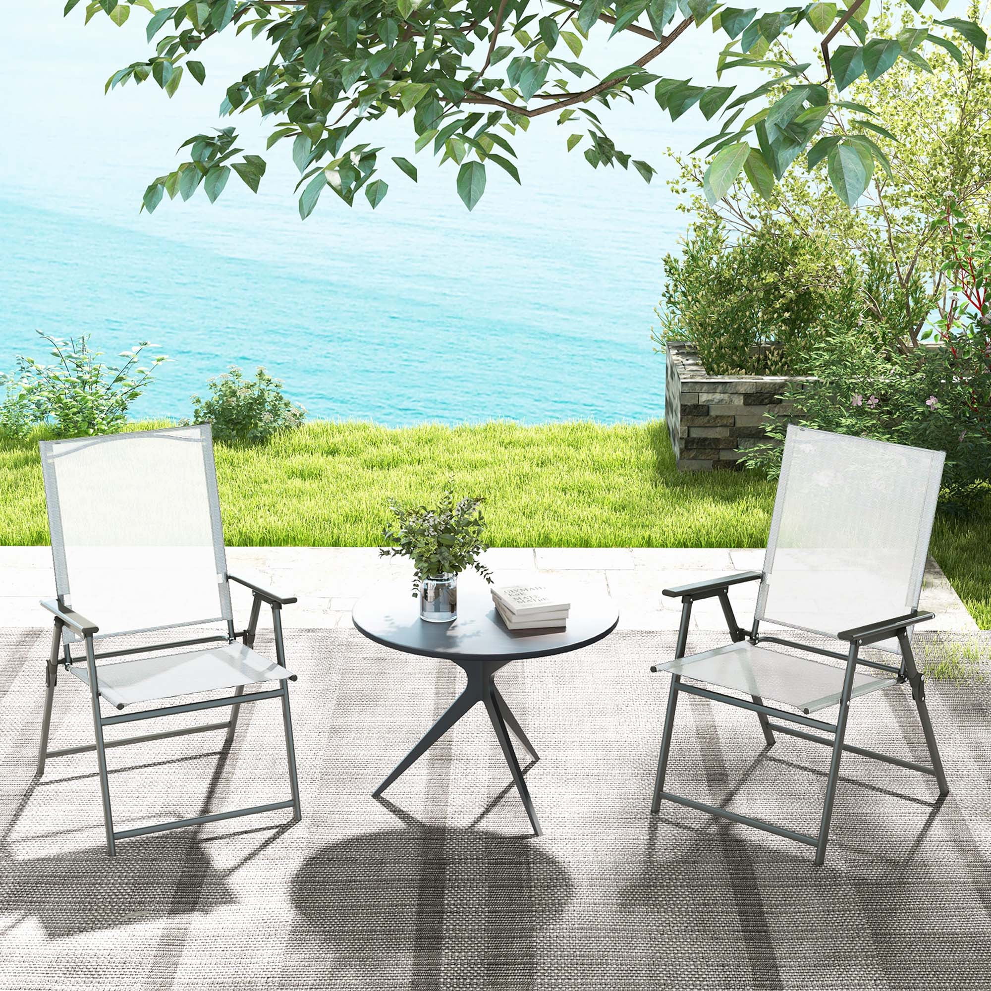 Costway 2 PCS Patio Folding Portable Dining Chairs Metal Frame Armrests Outdoor White