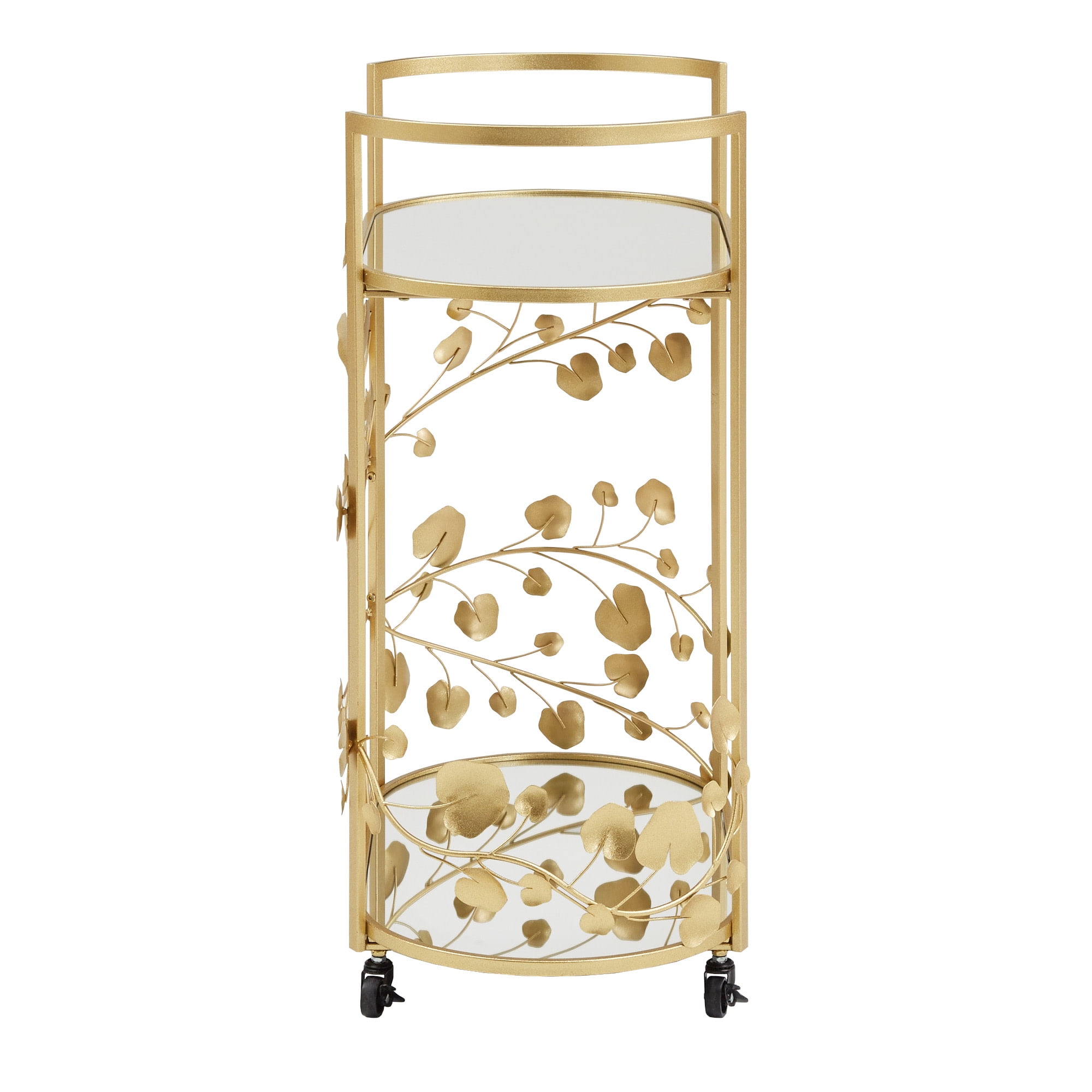 Weston Home Greenpoint Gold Finish Foliage Bar Cart with Mirror Top and Bottom