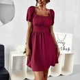 thumbnail image 1 of Vestido De Busto Fruncido, Color Puro Con Lazo En La Espalda, Cuello Cuadrado Informal, Vestido Con Volantes Para Mujer Para El Verano ANGGREK Borgoña S, 1 of 6