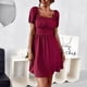 thumbnail image 3 of Vestido con ribete de volantes fruncidos y manga abullonada con lazo en la espalda Vestido corto con cuello cuadrado y línea A para verano Borgoña M, 3 of 6