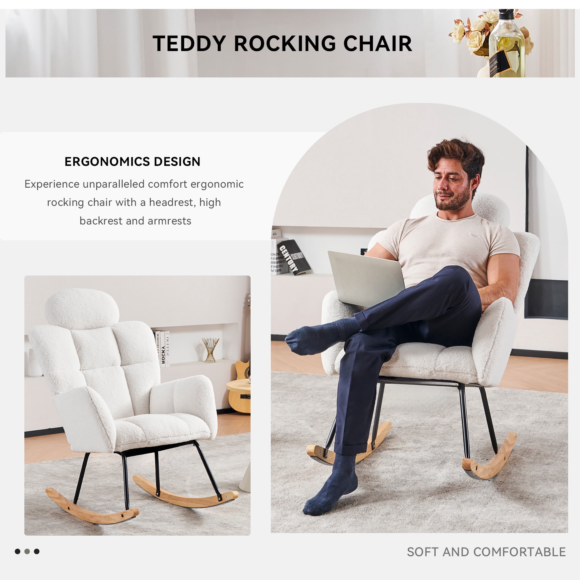 Rocking Chair With Thick Headrest, Nursery Glider Comfy Accent Chair With High Backrest, Upholstered Living Room Armchair For Home Office Living Room Nursery
