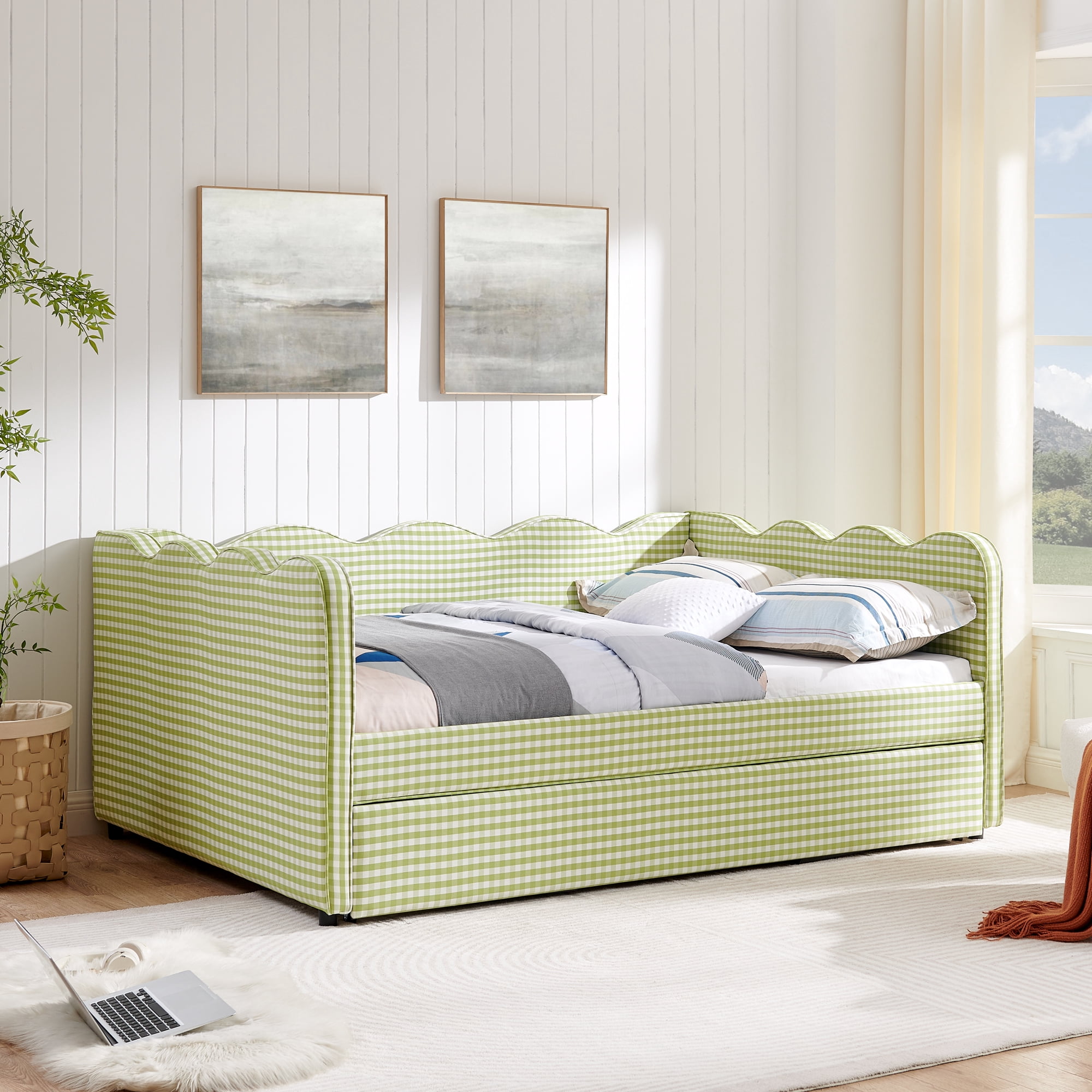 Full Size Daybed with Trundle and USB Port Upholstered Sofa Bed Gingham Linen Kids Guest Bed Frame, No Box Spring Needed, Green