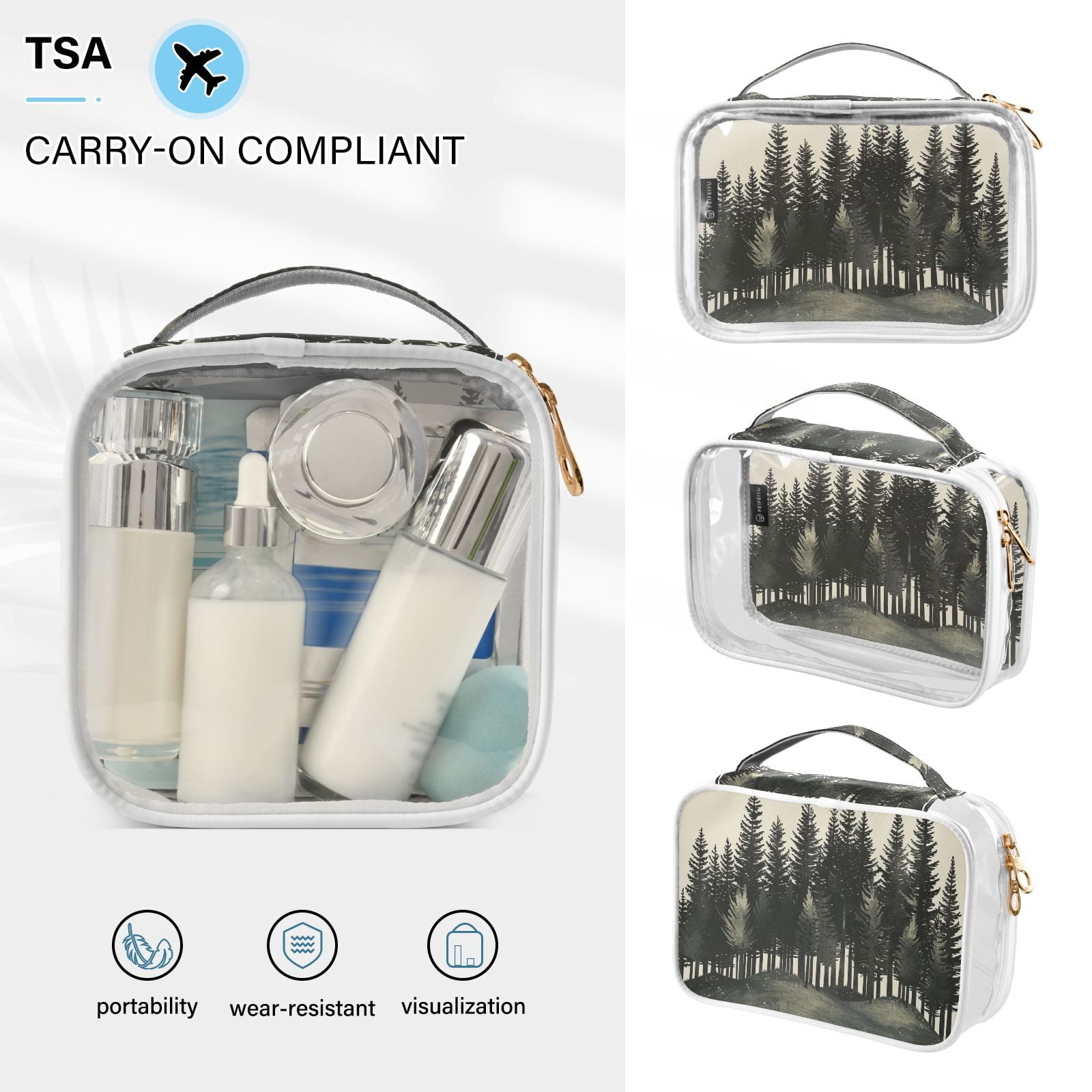 Clear Makeup Bags with Handle Large Opening 2 Pack Set Toiletry Bag Quart Size Bag, for Women Man Traveling Travel Essentials, Toiletries and Other. Hand Drawn Forest