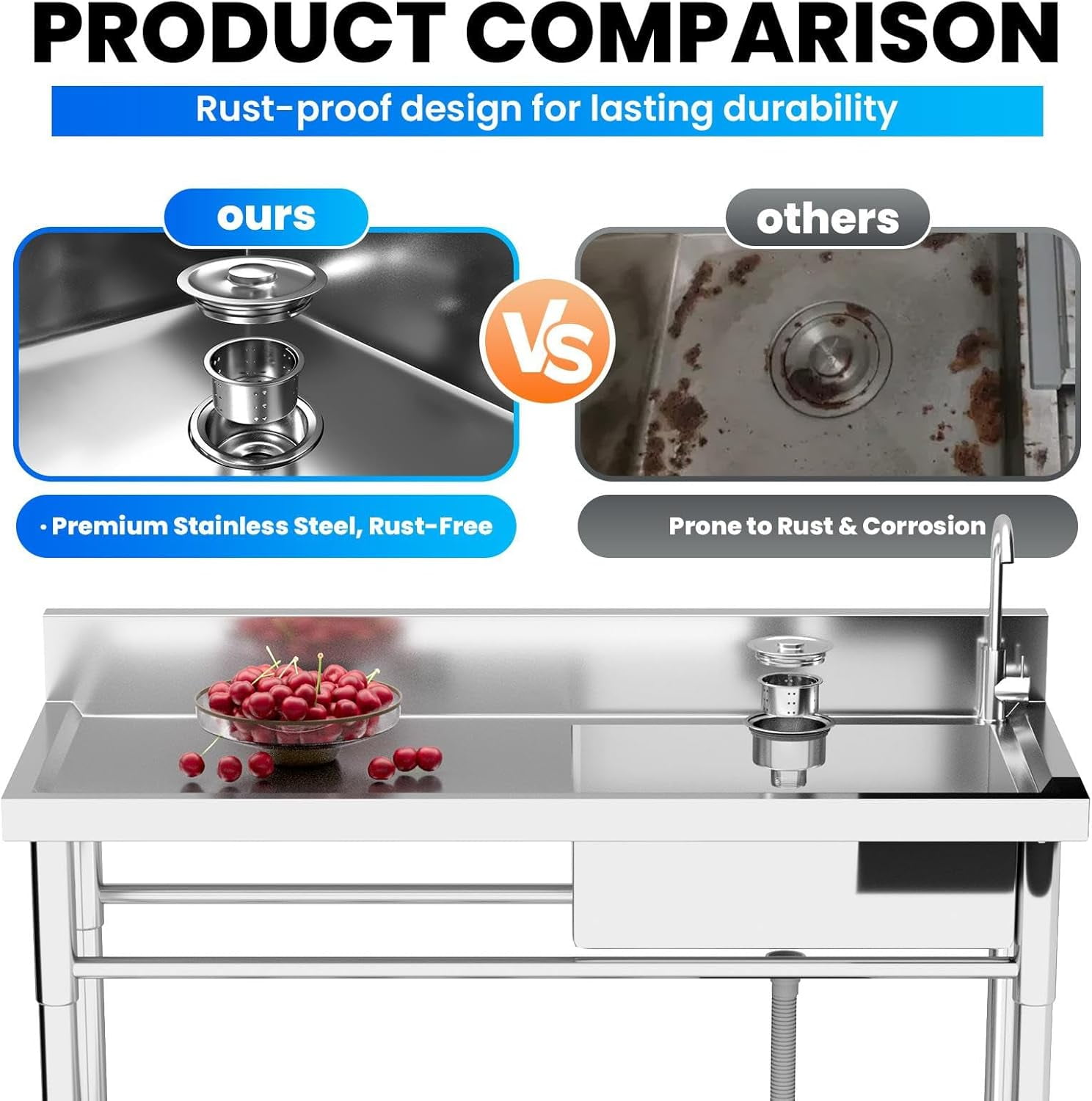 Freestanding Sink with Drawer, Stainless Steel Sink, pipe Hot & Cold Adjustable System, 300lbs Heavy Duty Stainless Steel Sink, Adjustable Feet Stable, Commercial Kitchen Sink for Indoor Outdoor